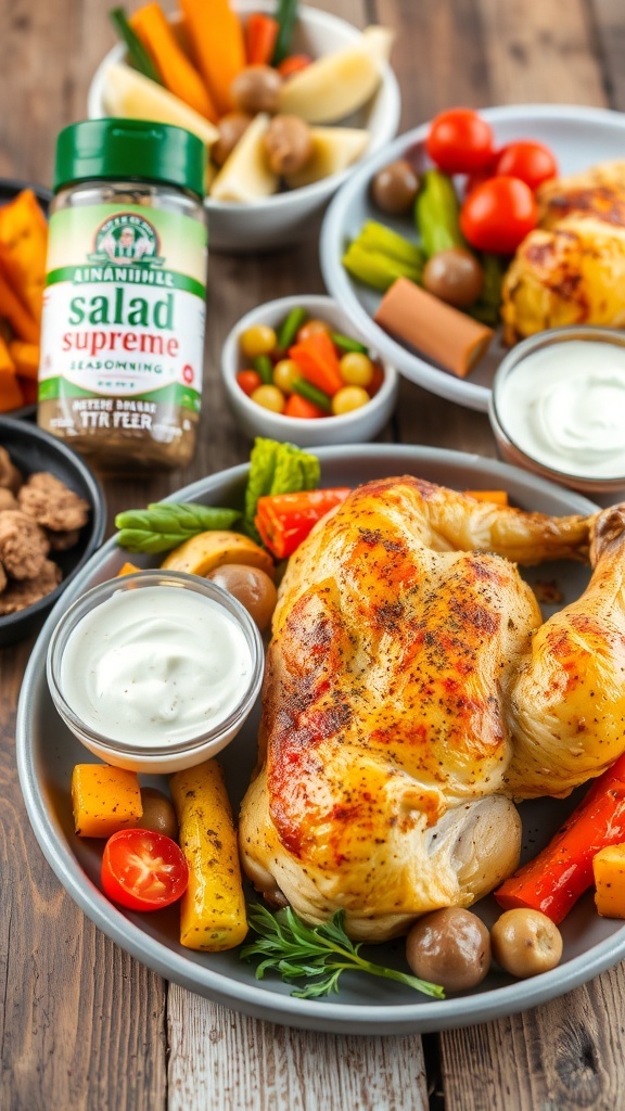 A variety of dishes showcasing Salad Supreme seasoning: roasted chicken, colorful vegetables, and a creamy dip.